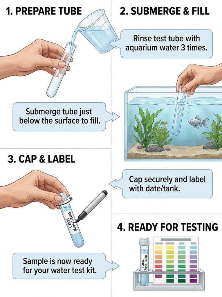 Step-by-step guide showing how to collect an aquarium water sample for testing.