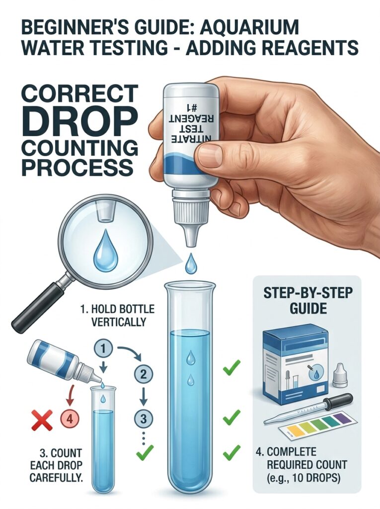 Adding liquid test reagents to an aquarium water sample.