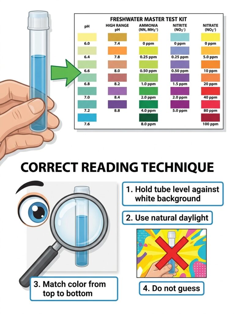 Comparing aquarium water test results with a color chart.