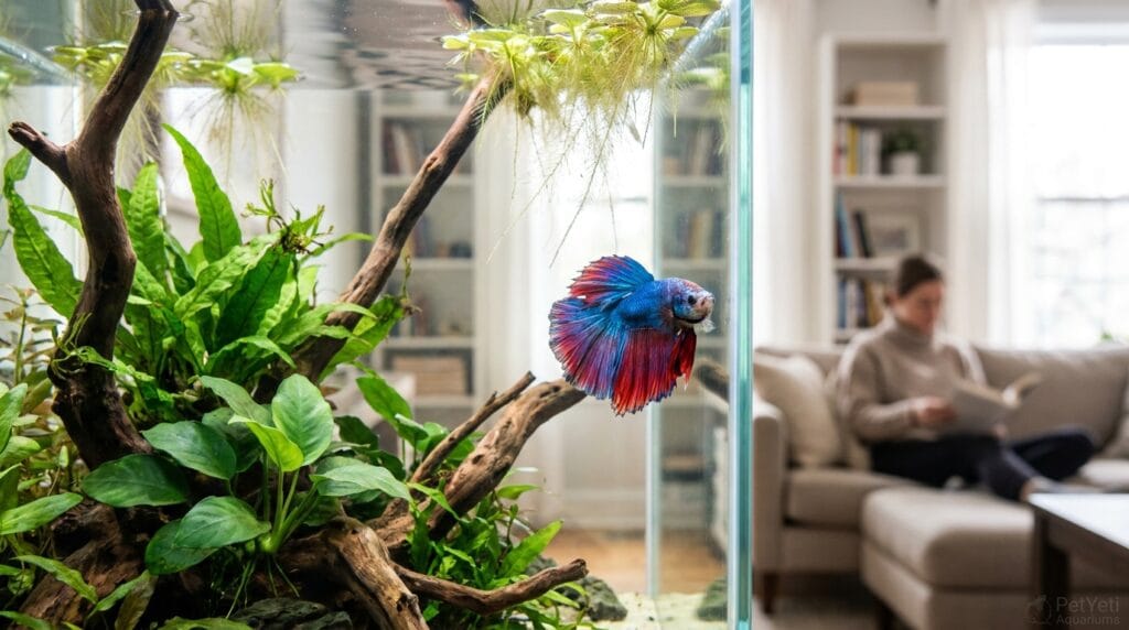 Healthy Betta fish swimming alongside the front glass of a planted aquarium.