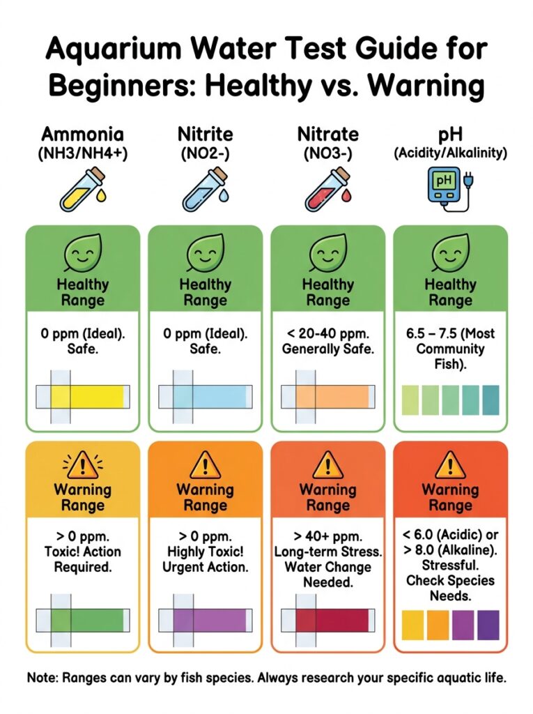 Healthy and warning-range aquarium water test results explained for beginners.
