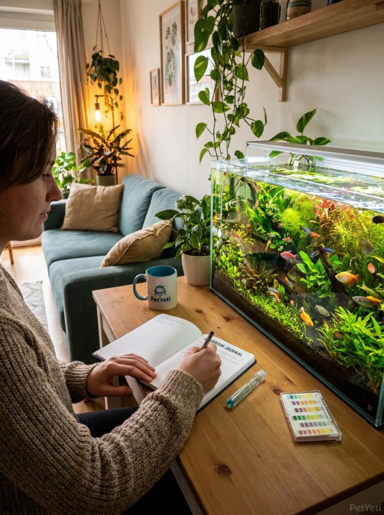 Aquarium hobbyist tracking water test results in a maintenance journal.