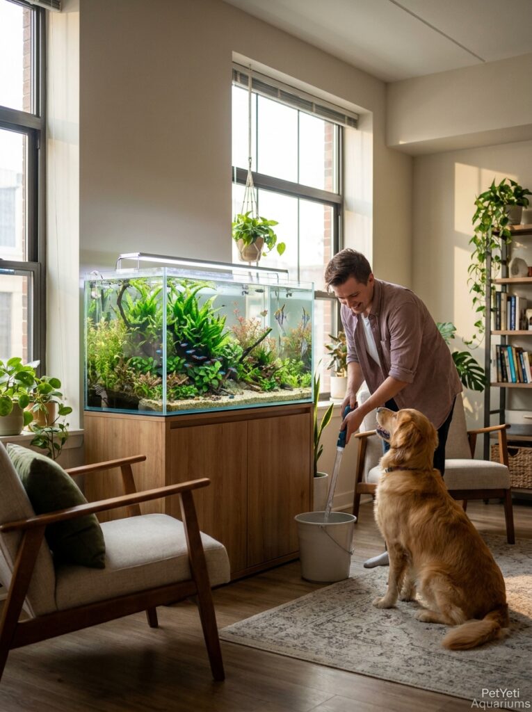 Aquarium owner using a gravel vacuum during routine fish tank maintenance.