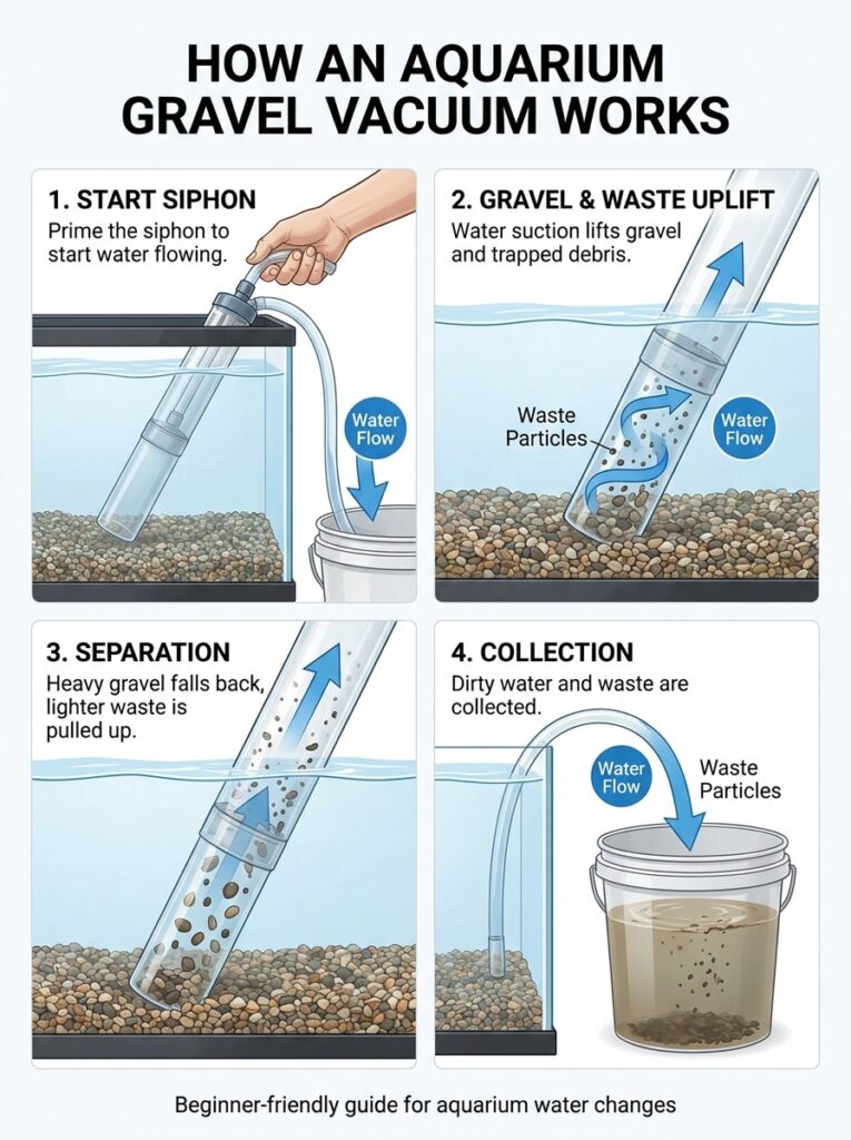 Diagram showing how an aquarium gravel vacuum removes waste during a water change.