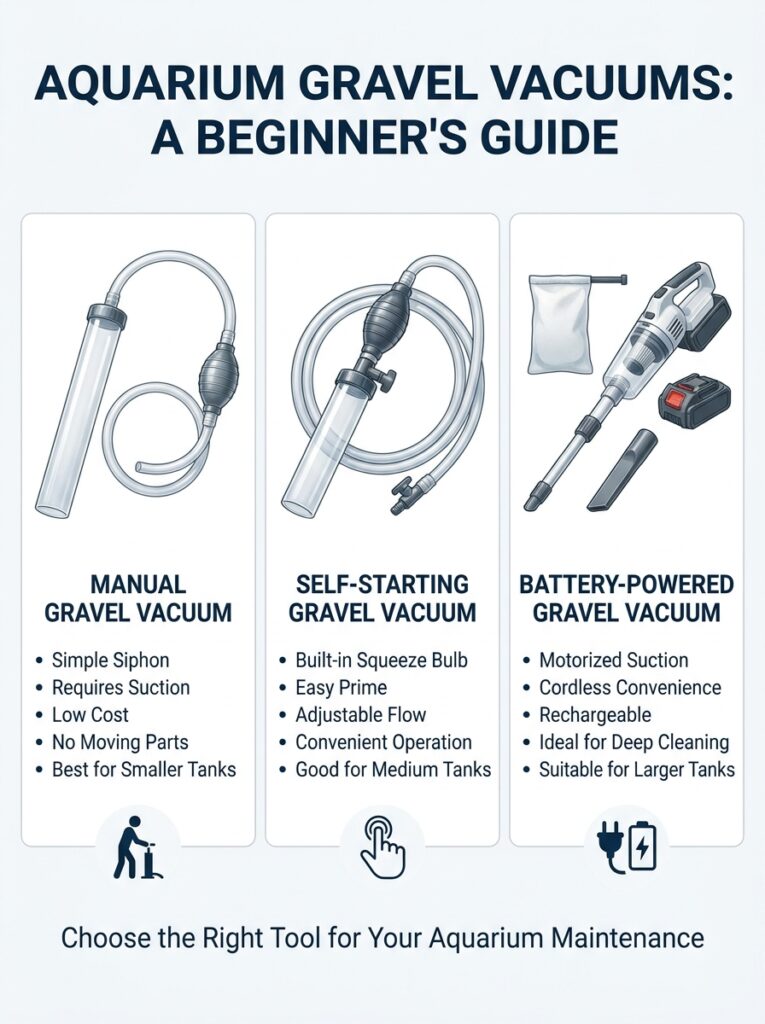 Comparison of manual, self-starting, and battery-powered aquarium gravel vacuums.