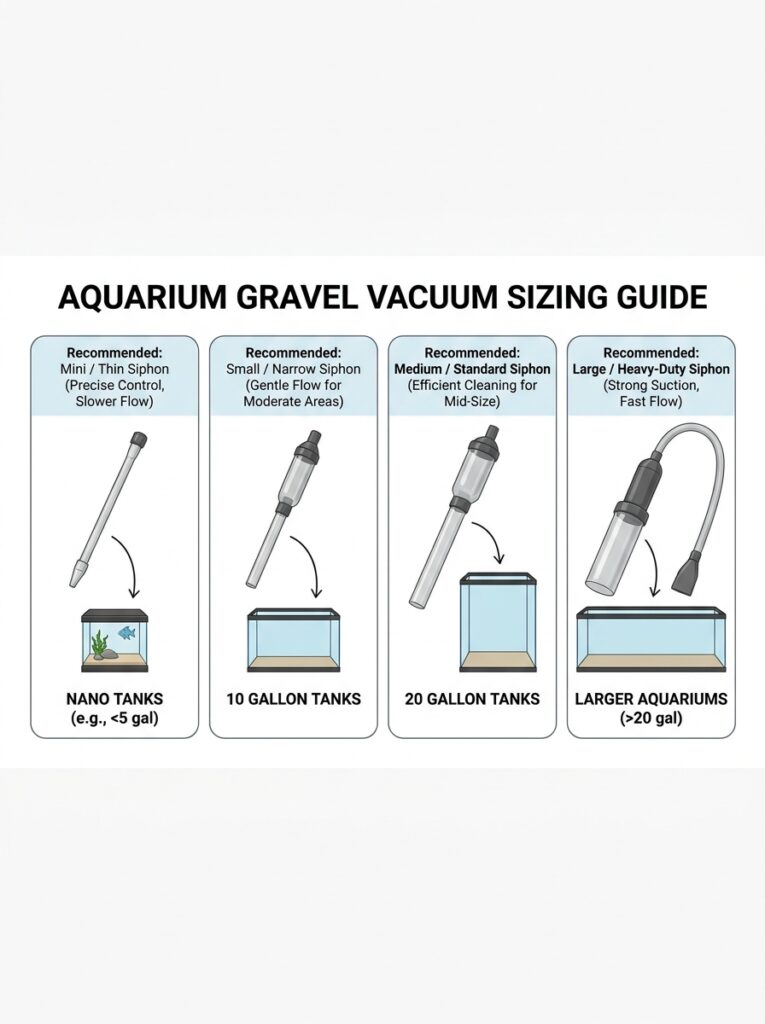 Aquarium gravel vacuum sizing guide for different tank sizes.