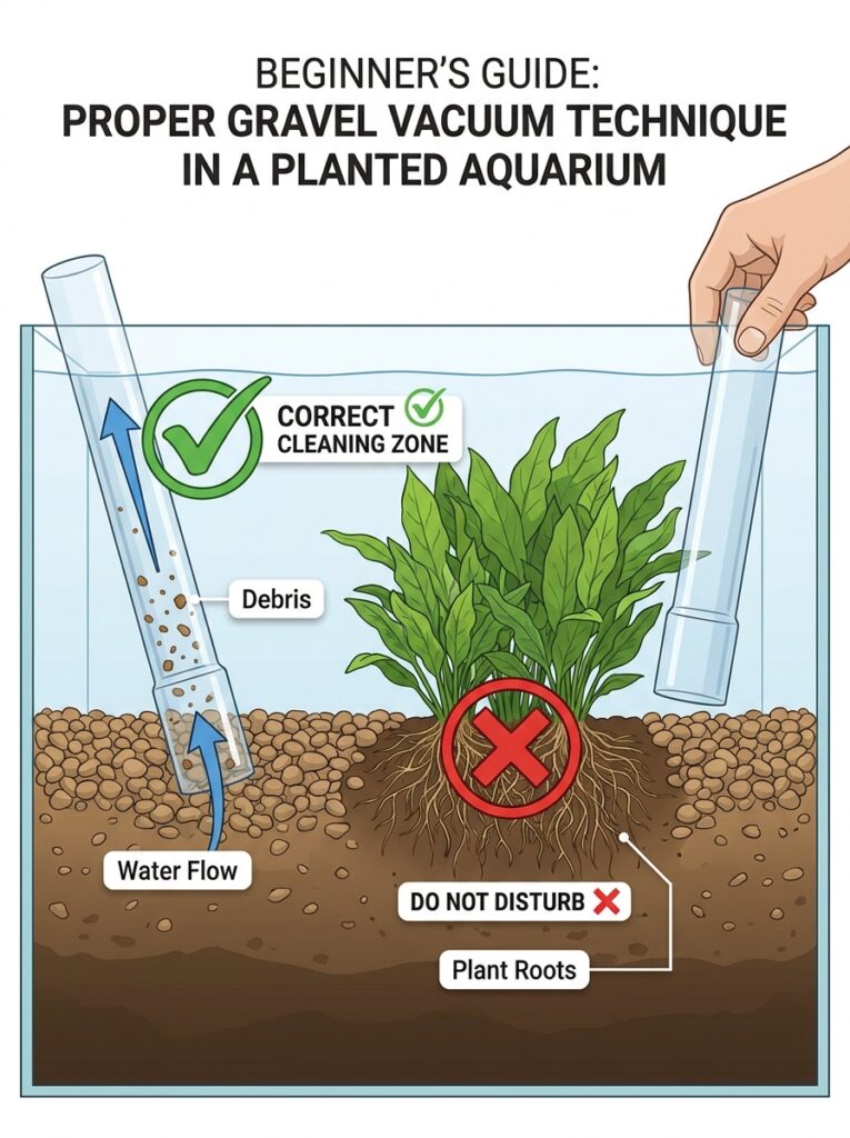 Gentle gravel vacuuming in a planted aquarium without disturbing plant roots.