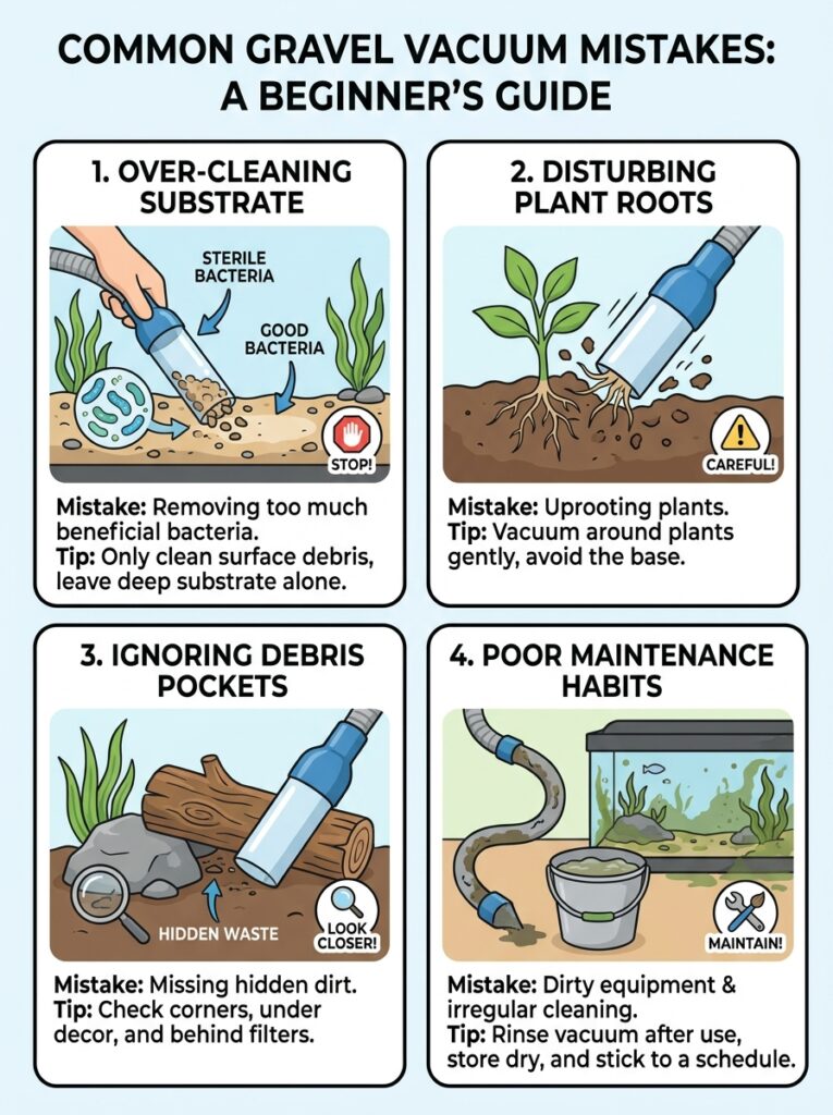 Common mistakes beginners make when using an aquarium gravel vacuum.