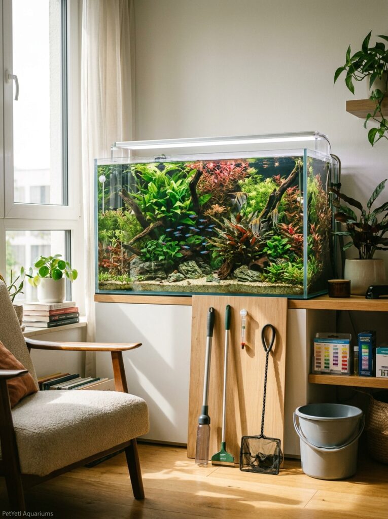 Essential aquarium cleaning tools arranged beside a healthy planted aquarium.
