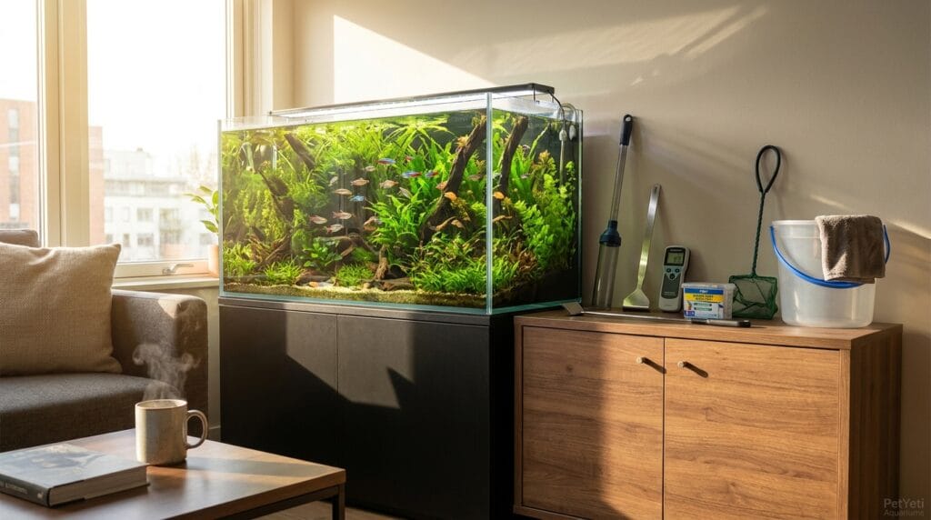 Essential aquarium cleaning tools arranged beside a healthy planted aquarium.