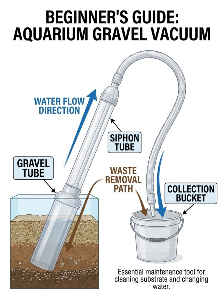 Parts of an aquarium gravel vacuum explained for beginners.