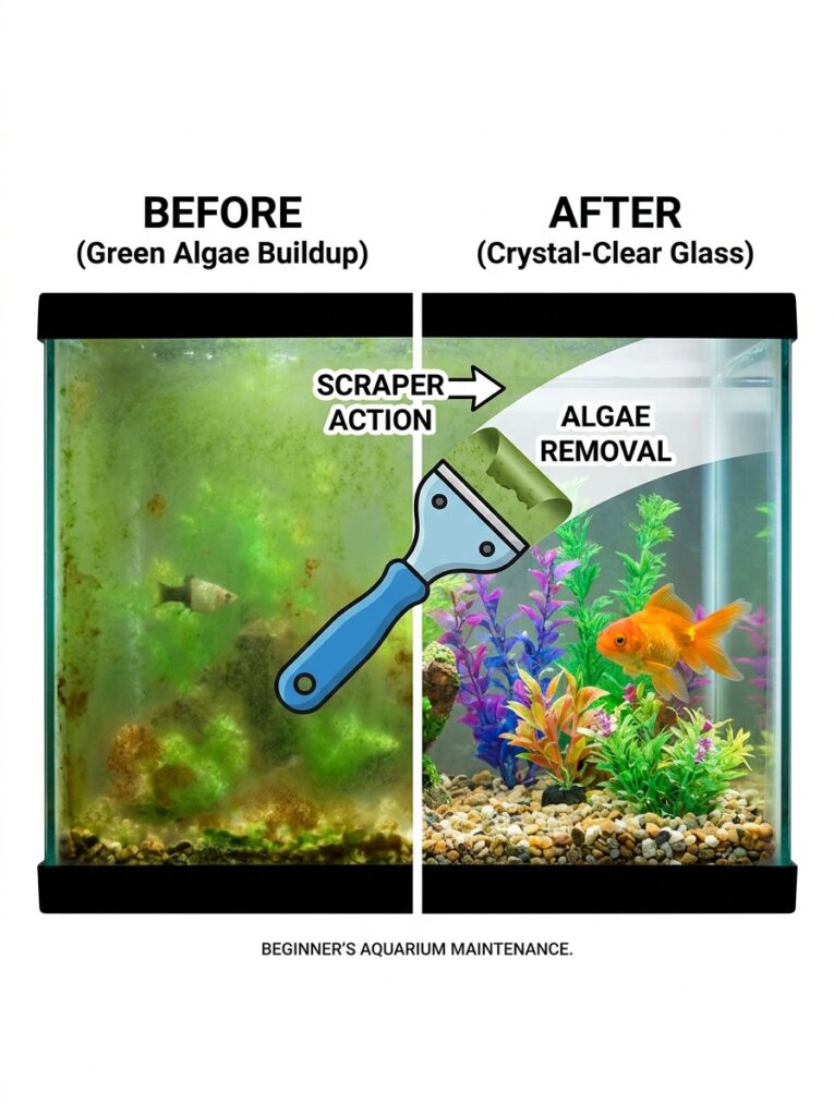 Before and after comparison of aquarium glass cleaned with an algae scraper.