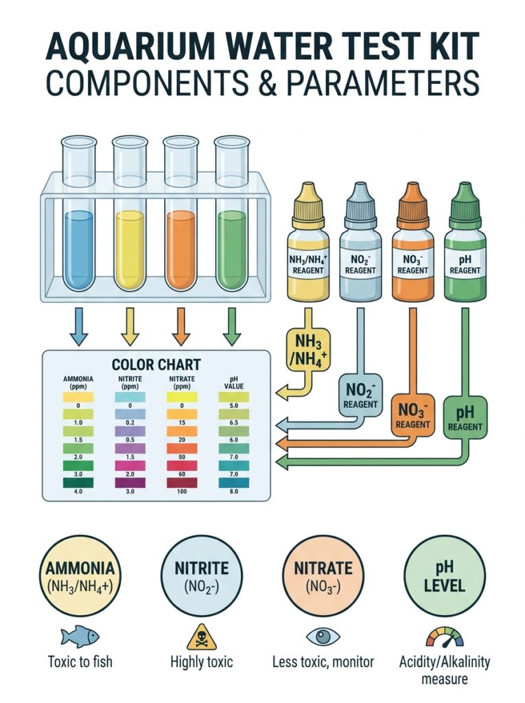 Aquarium water test kit components and water parameters explained.