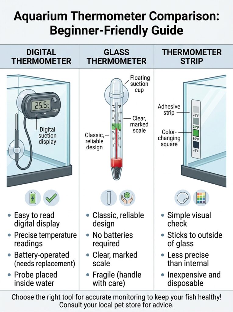 Different types of aquarium thermometers for beginners.