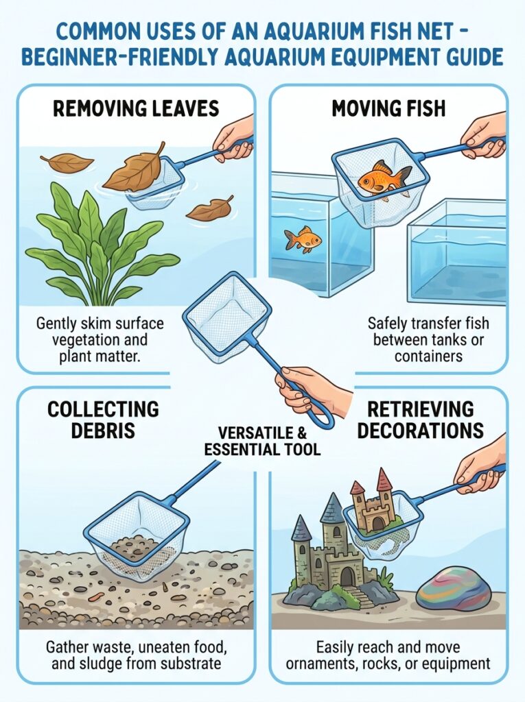 Common ways aquarium fish nets are used during maintenance.