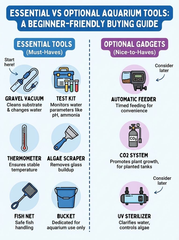 Essential and optional aquarium maintenance tools for beginners.