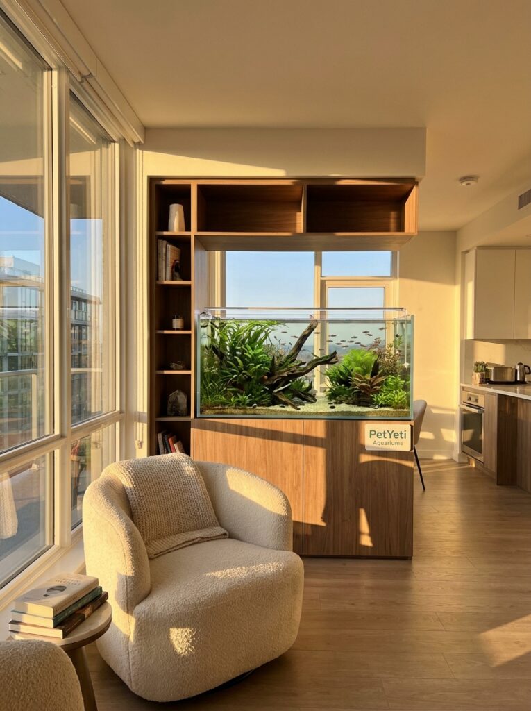 Quiet aquarium setup creating a peaceful atmosphere in a modern home
