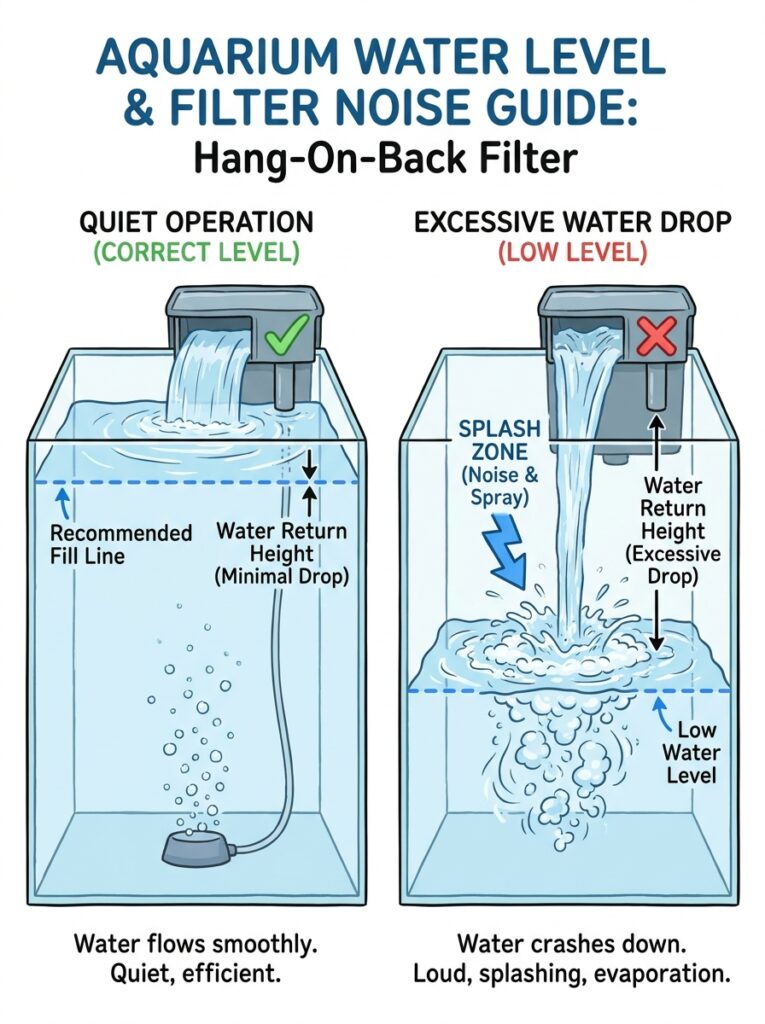 Low aquarium water level causing filter splashing noise