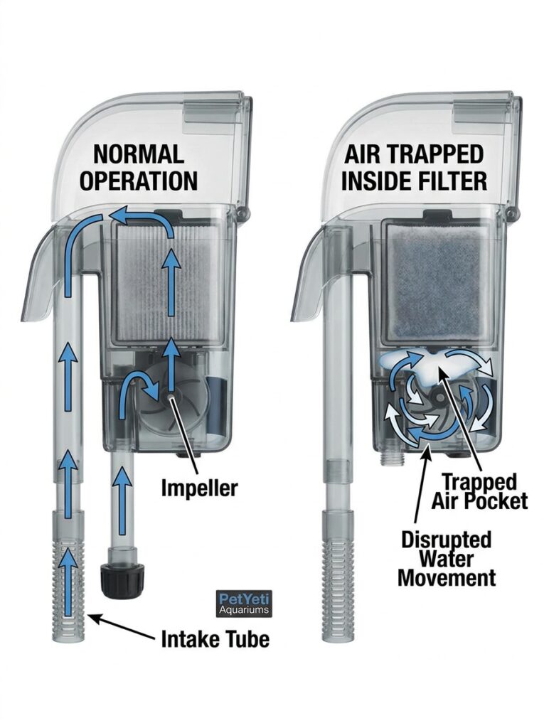 Trapped air inside an aquarium filter causing gurgling and rattling sounds