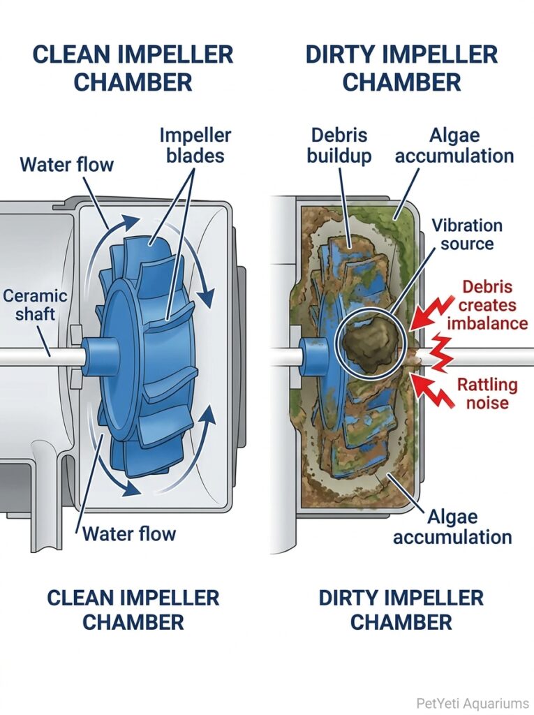 Dirty aquarium filter impeller creating rattling noise