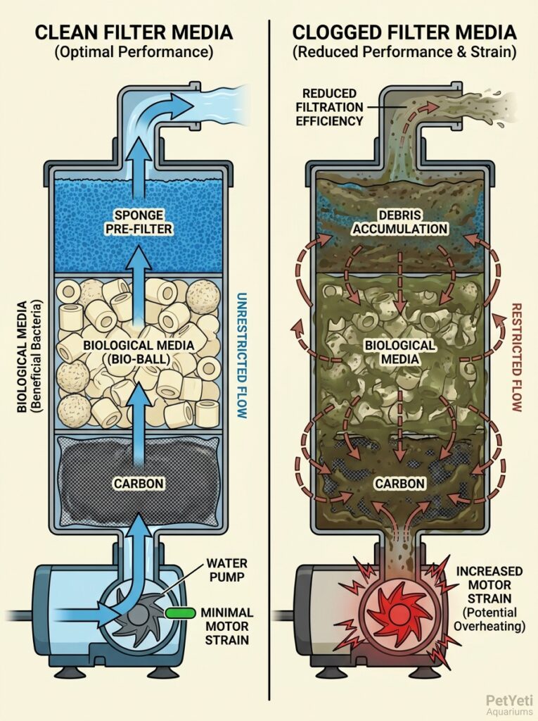 Clogged filter media restricting water flow inside an aquarium filter