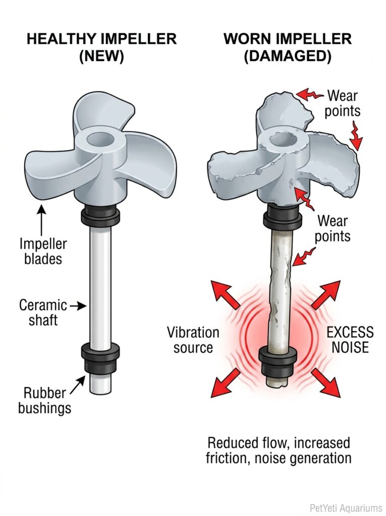 Worn aquarium filter impeller causing grinding and rattling noises