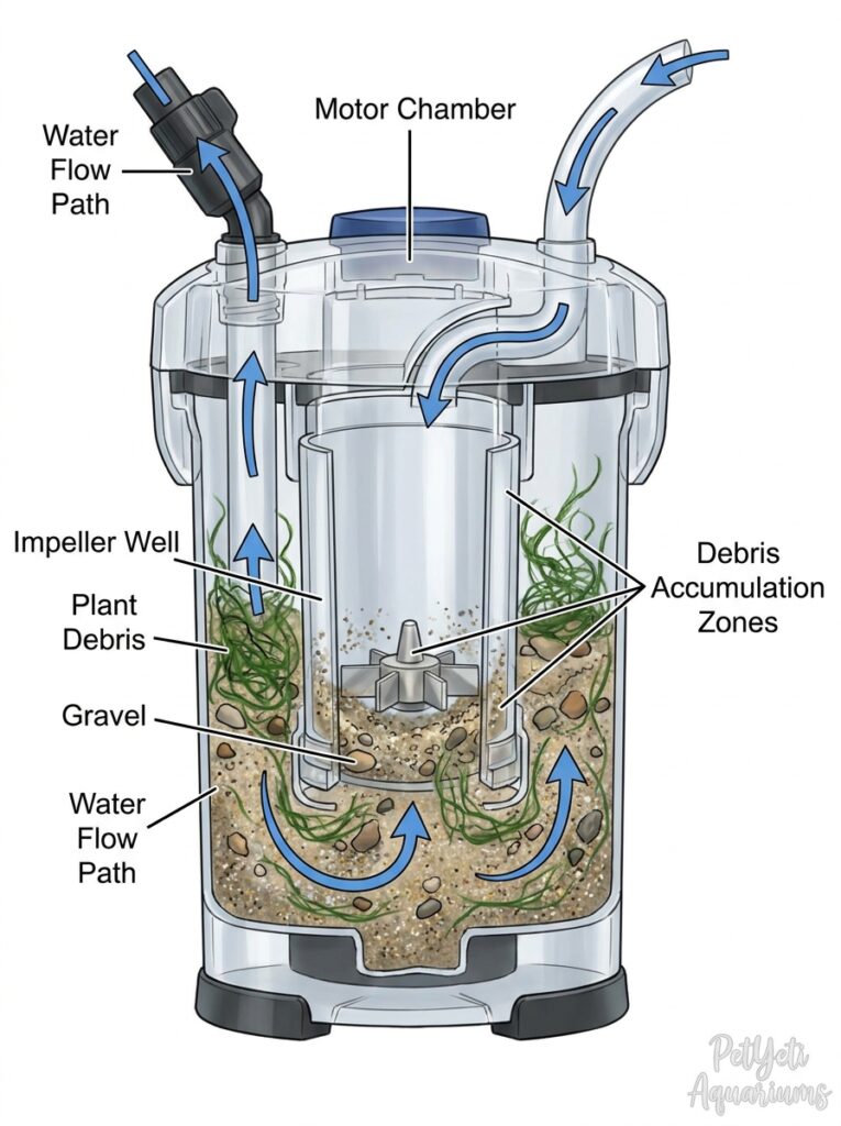 Debris inside an aquarium filter motor chamber causing noise