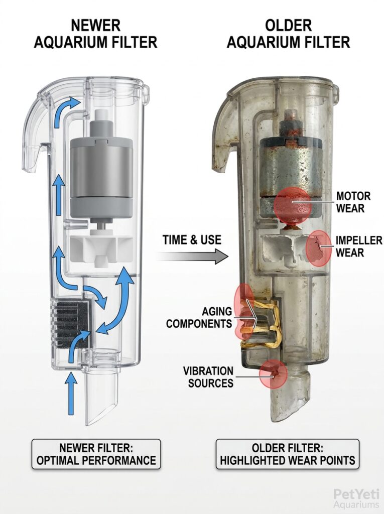 Older aquarium filter components becoming noisier over time