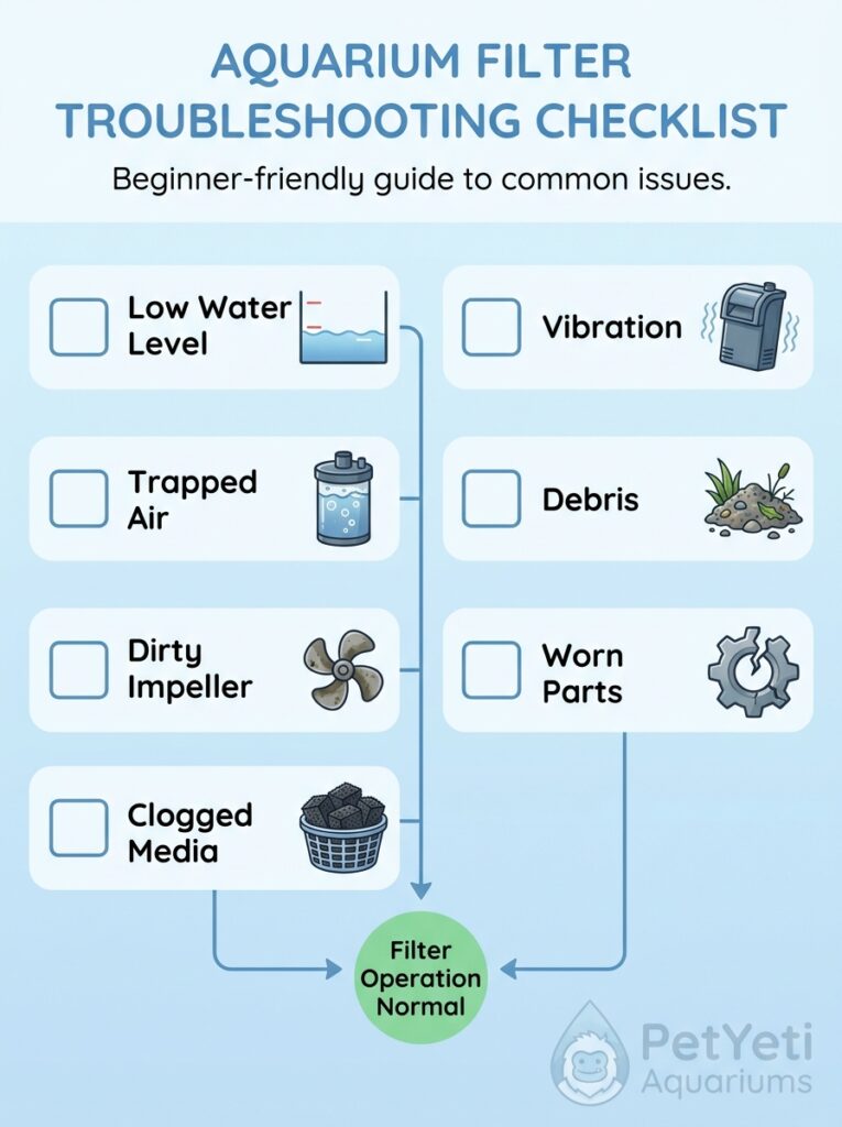 Aquarium filter noise troubleshooting checklist