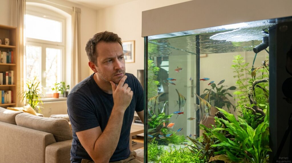Foamy aquarium water in a healthy freshwater fish tank
