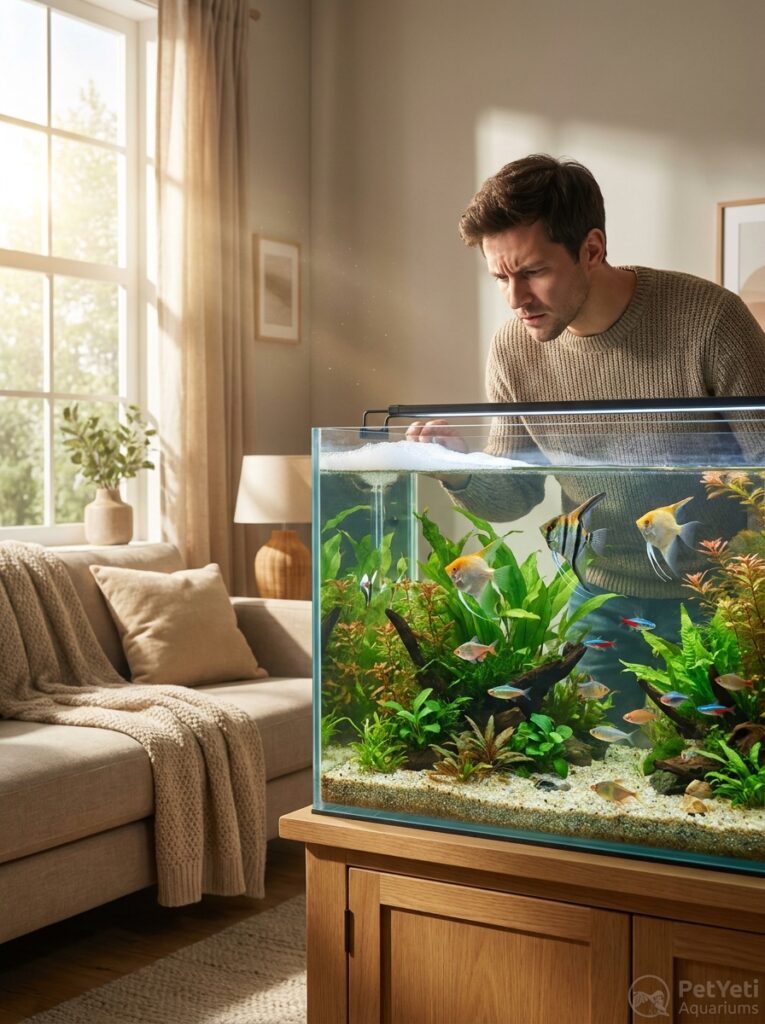 Foamy aquarium water in a healthy freshwater fish tank