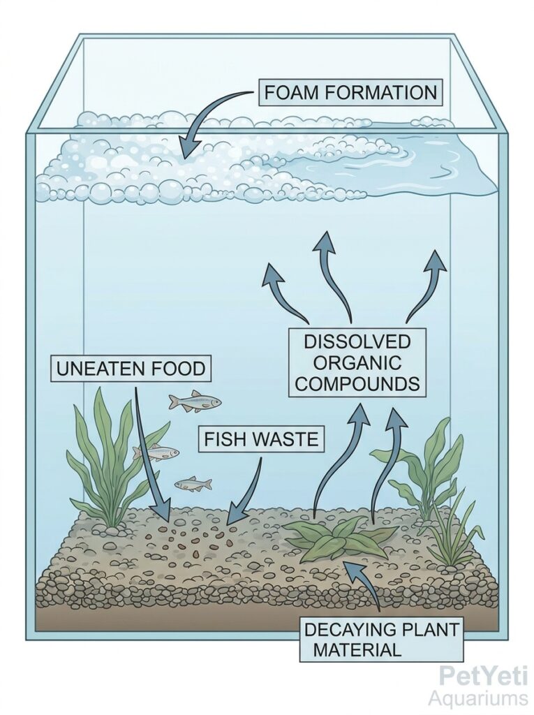Organic waste buildup causing foam in an aquarium