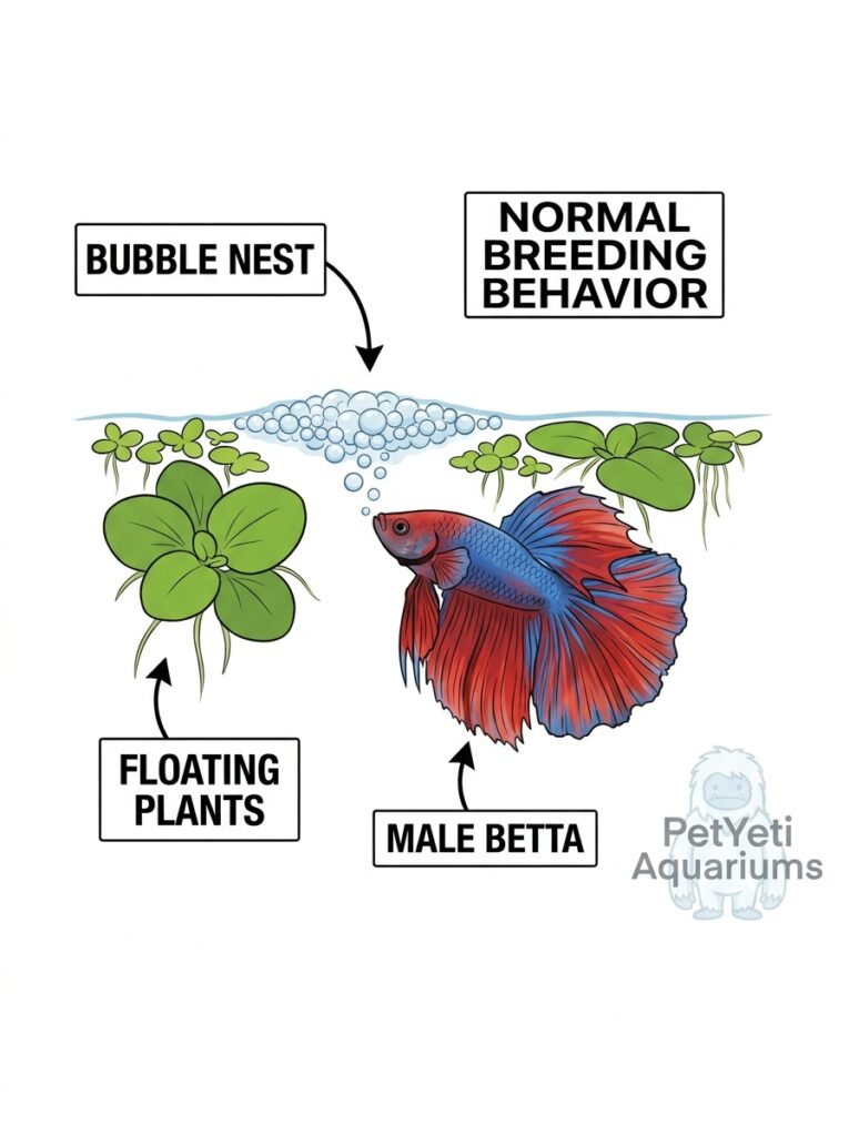 Male betta fish building a bubble nest at the water surface