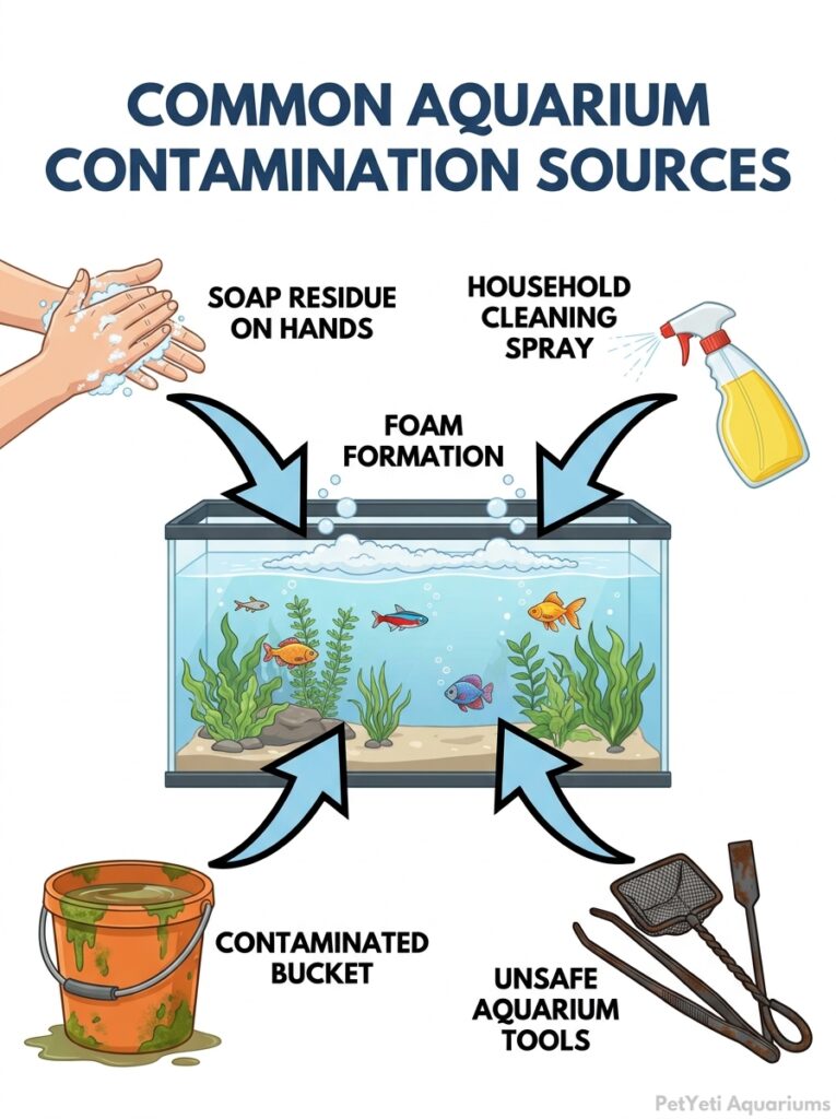 Household contaminants causing foam in aquarium water