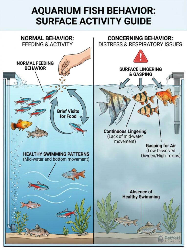 Normal and concerning fish behavior near the aquarium surface