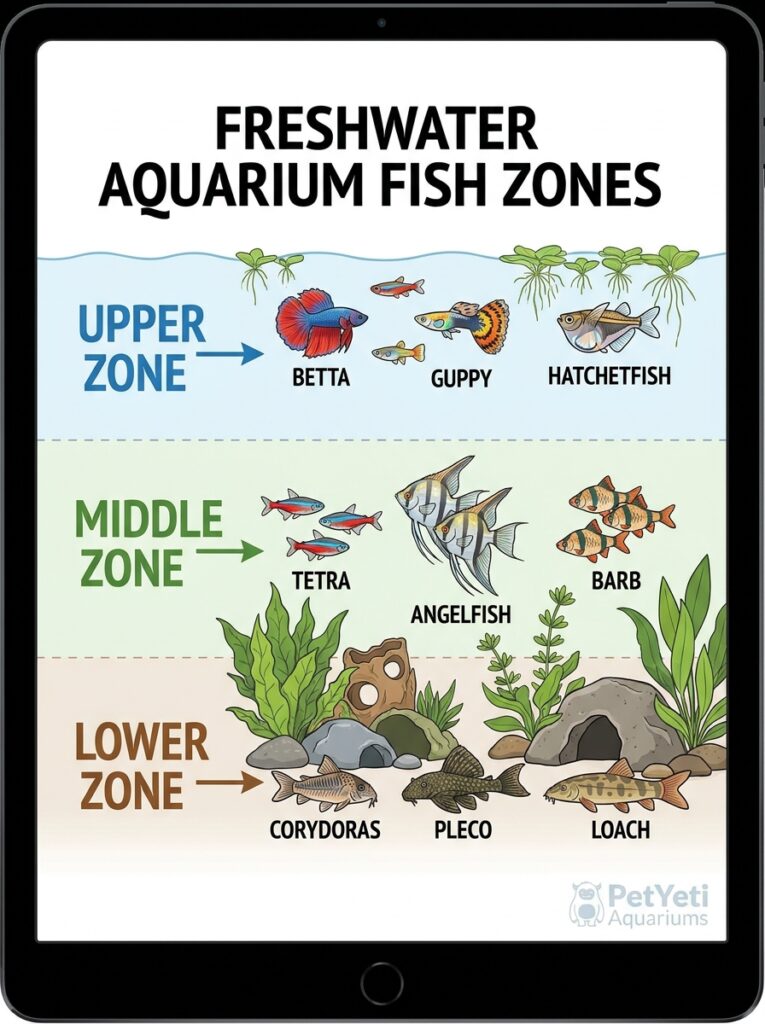 Different fish species occupying different levels of an aquarium