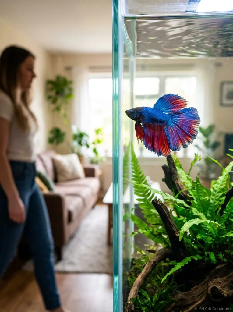 Betta fish observing activity outside a planted aquarium in a cozy living room.