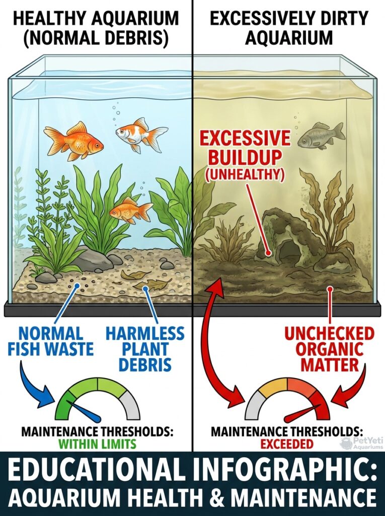 Normal aquarium debris compared to excessive aquarium dirt buildup