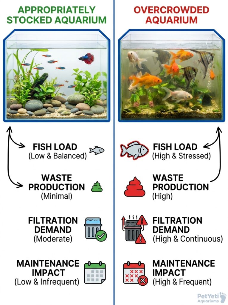 Overstocked aquarium producing excessive waste and debris