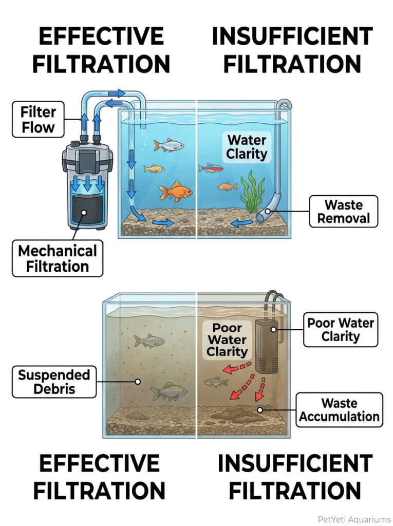 Insufficient aquarium filtration allowing debris to accumulate