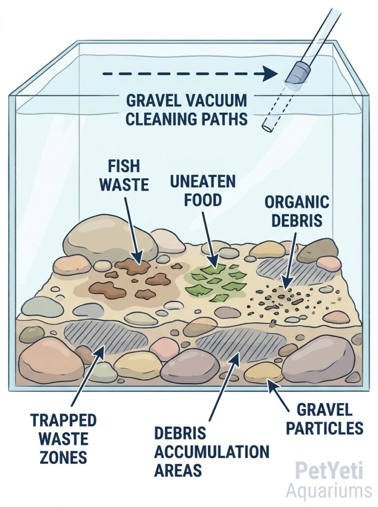 Aquarium substrate trapping debris and organic waste