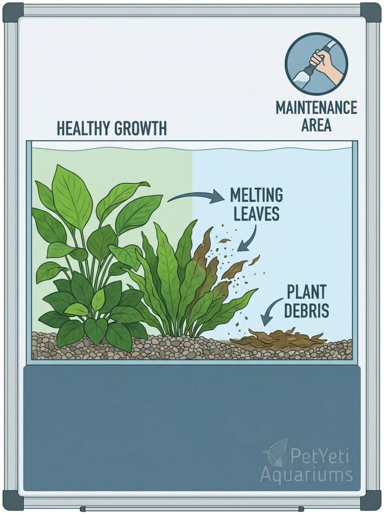 Decaying aquarium plant leaves contributing to tank debris