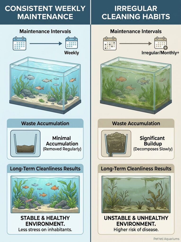 Consistent aquarium maintenance preventing excessive dirt buildup