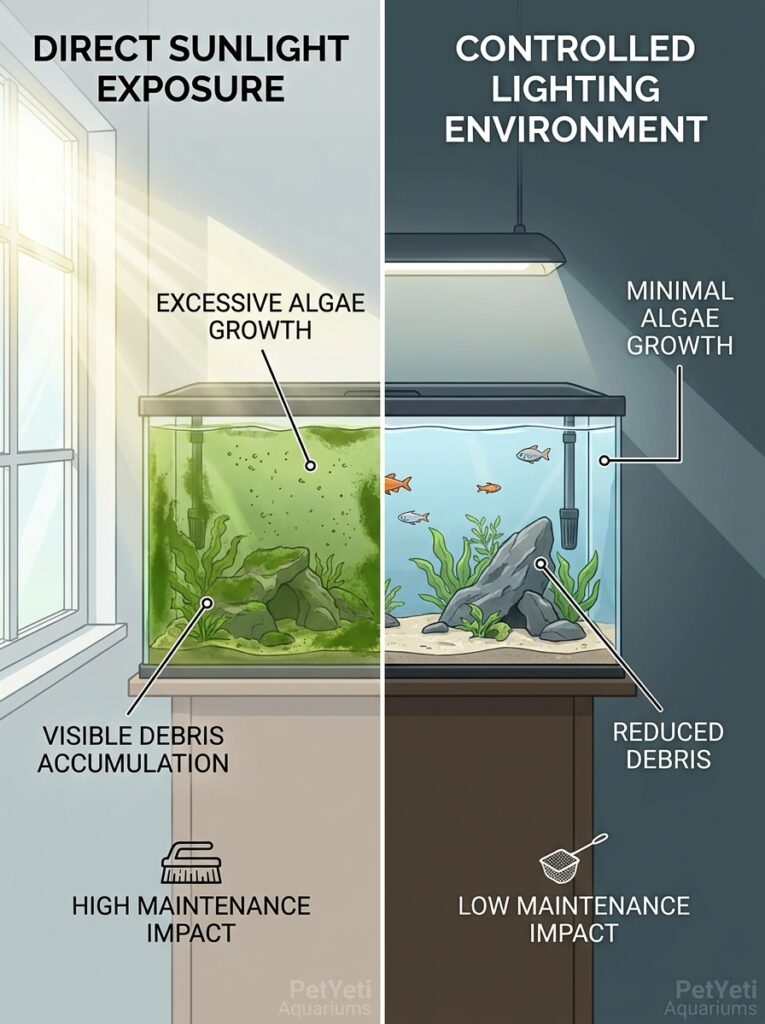 Aquarium placement affecting cleanliness and algae growth