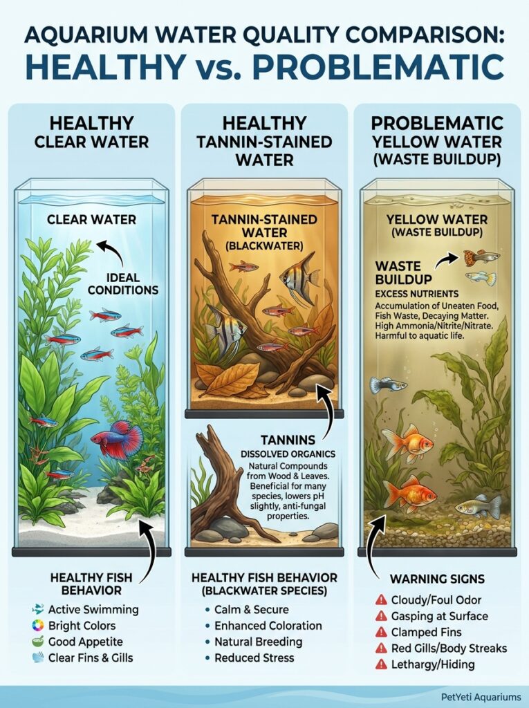 Healthy versus problematic yellow aquarium water