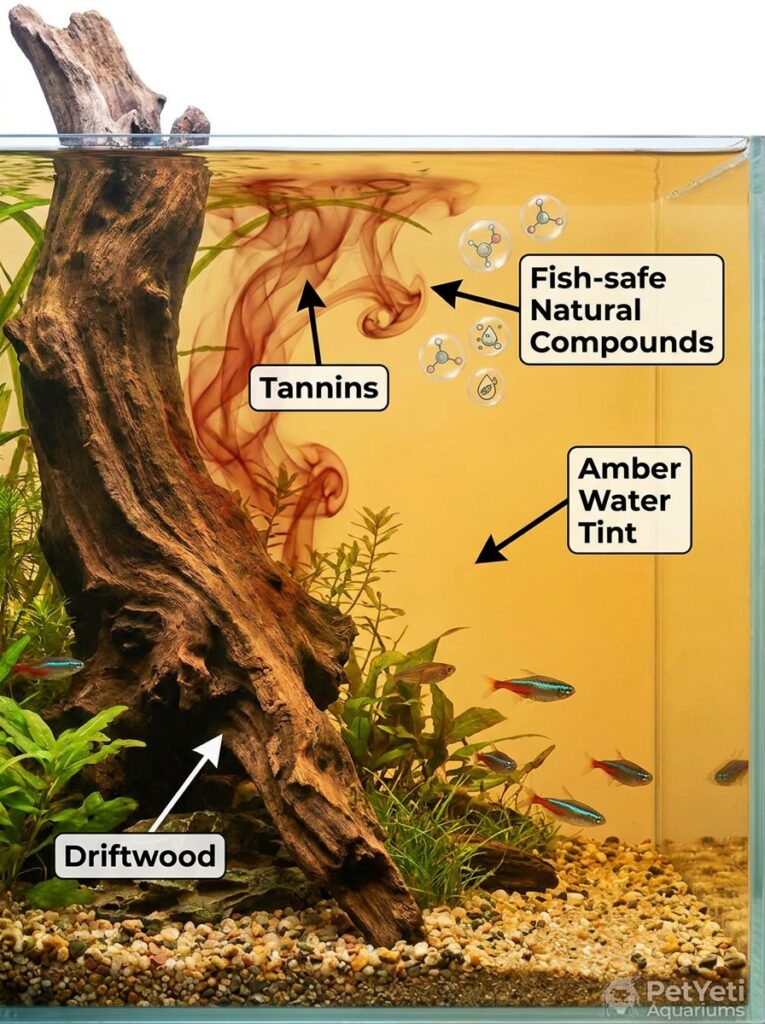 Driftwood releasing tannins that tint aquarium water yellow