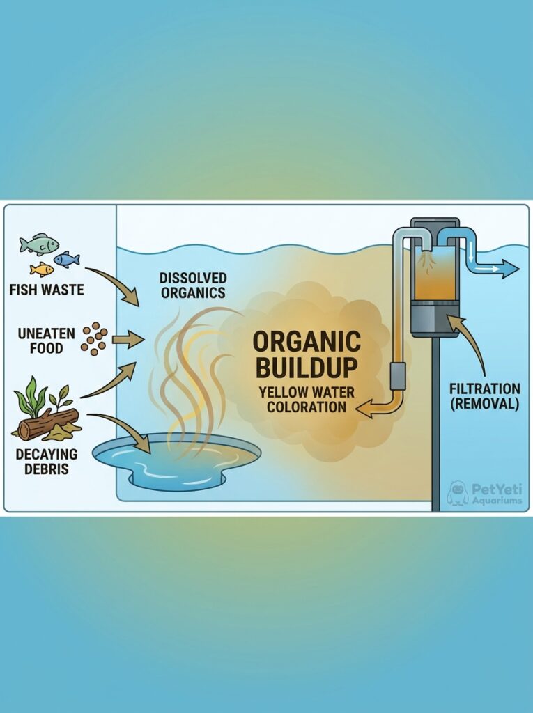 Dissolved organic waste causing aquarium water to turn yellow