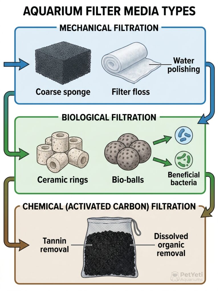 Aquarium filter media influencing water clarity and color