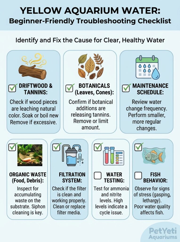Checklist for diagnosing yellow aquarium water