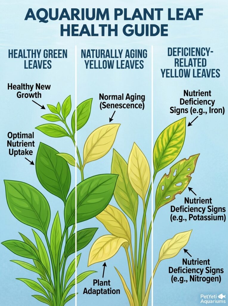 Normal versus problematic yellow aquarium plant leaves